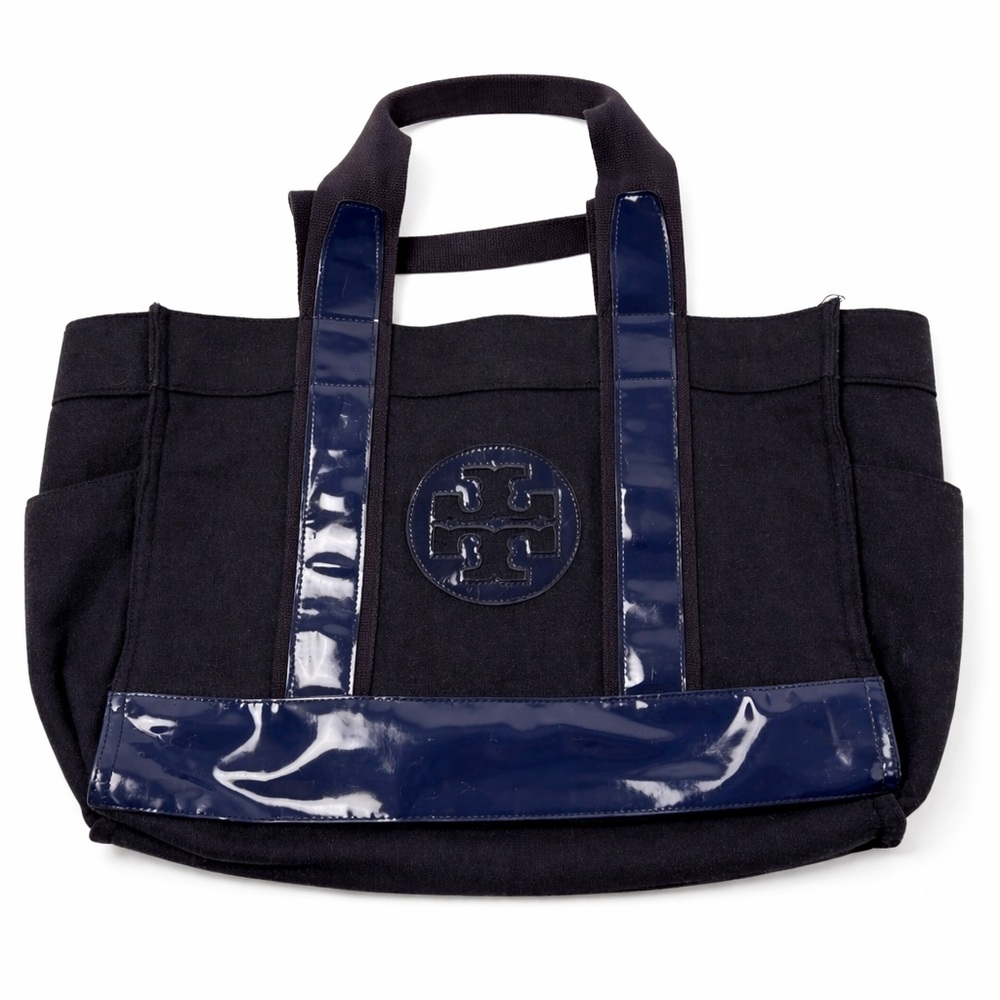 Tory Burch Women’s Bag Ella Large Canvas Tote Navy Blue Patent Jacquard Purse